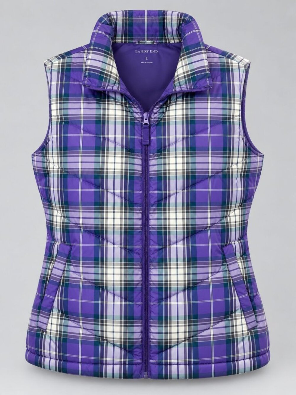 Lands End Womens XL Puffer Vest Purple Plaid Full Zip Lightweight Outerwear 18